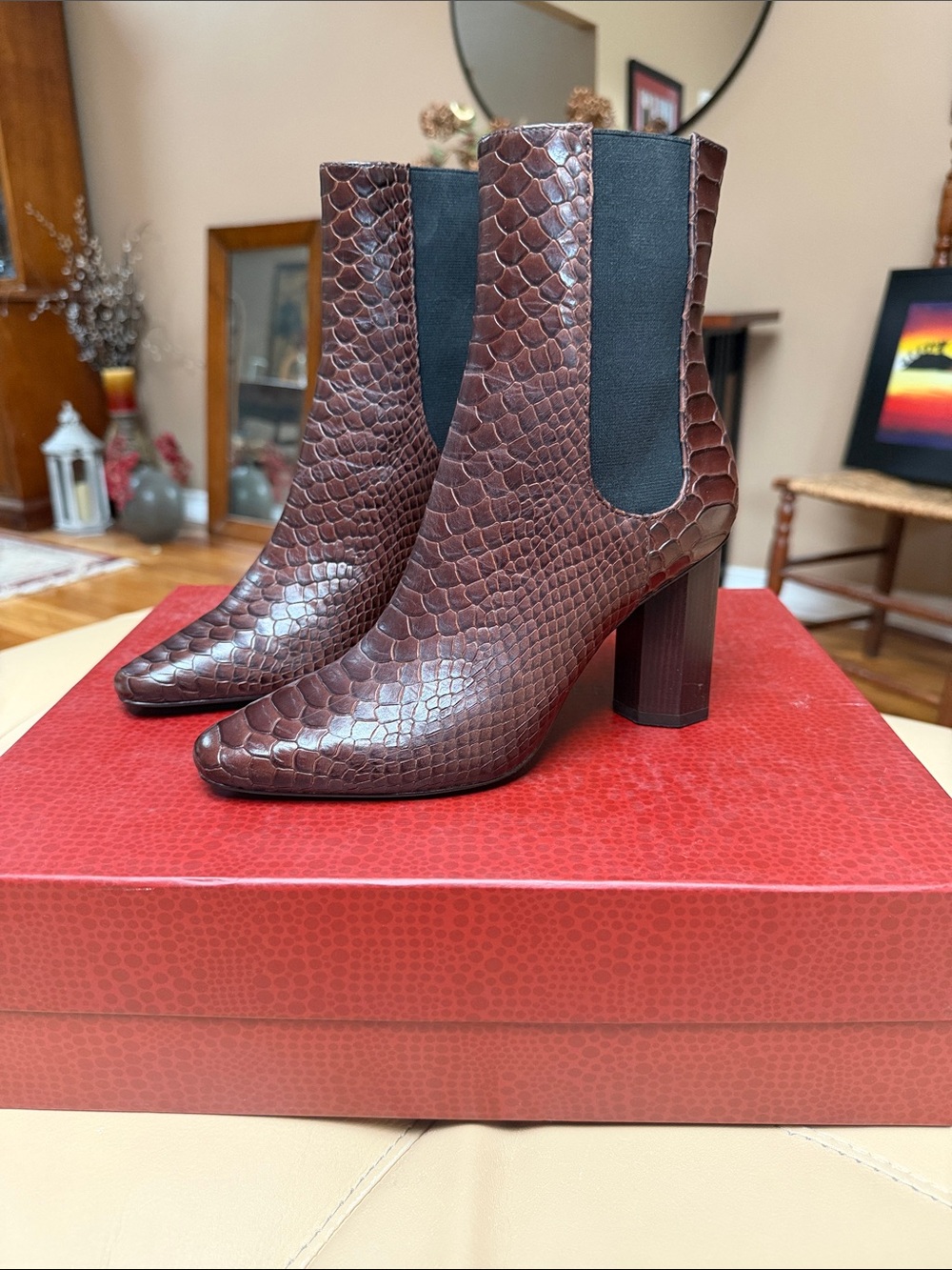 Donald J. Pliner Brown Snake-Embossed Chelsea Block-Heel Boots